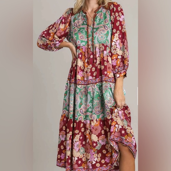 NWT Umgee Boutique Boho Hippy Floral Print Dress S-2X green burgundy mix - Picture 9 of 16
